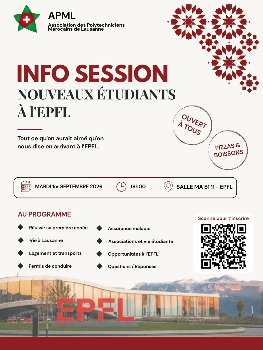 Affiche de l’info session pour les nouveaux étudiants de l’EPFL, mardi 1er septembre 2026 à 18 h, salle MA B1 11