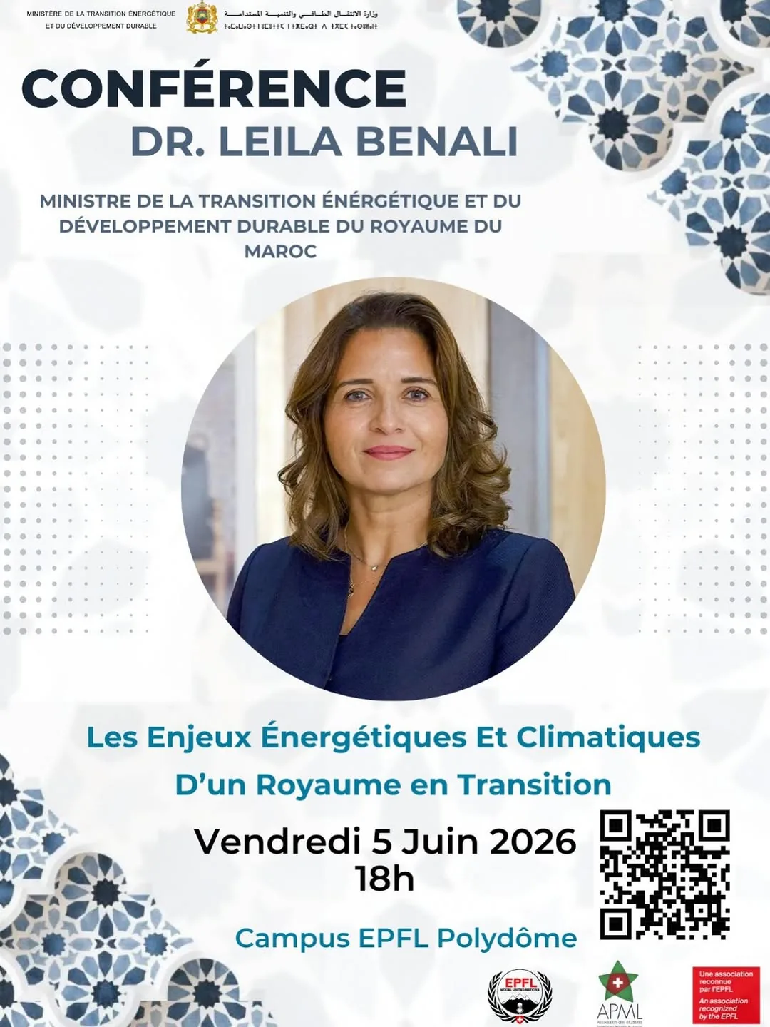 Affiche de la conférence de Leila Benali, ministre de la Transition énergétique et du Développement durable, « Les enjeux énergétiques et climatiques d’un royaume en transition », vendredi 5 juin 2026 au Polydôme de l’EPFL