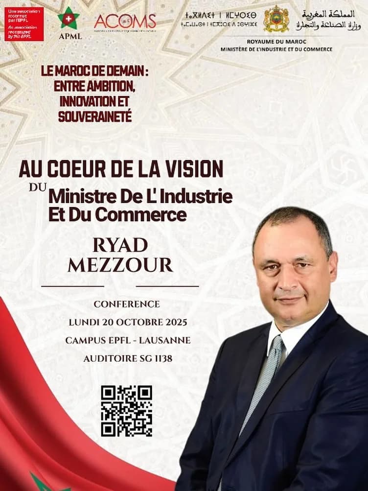 Affiche de la conférence de Ryad Mezzour, ministre de l’Industrie et du Commerce, « Au cœur de la vision », lundi 20 octobre 2025 à l’EPFL