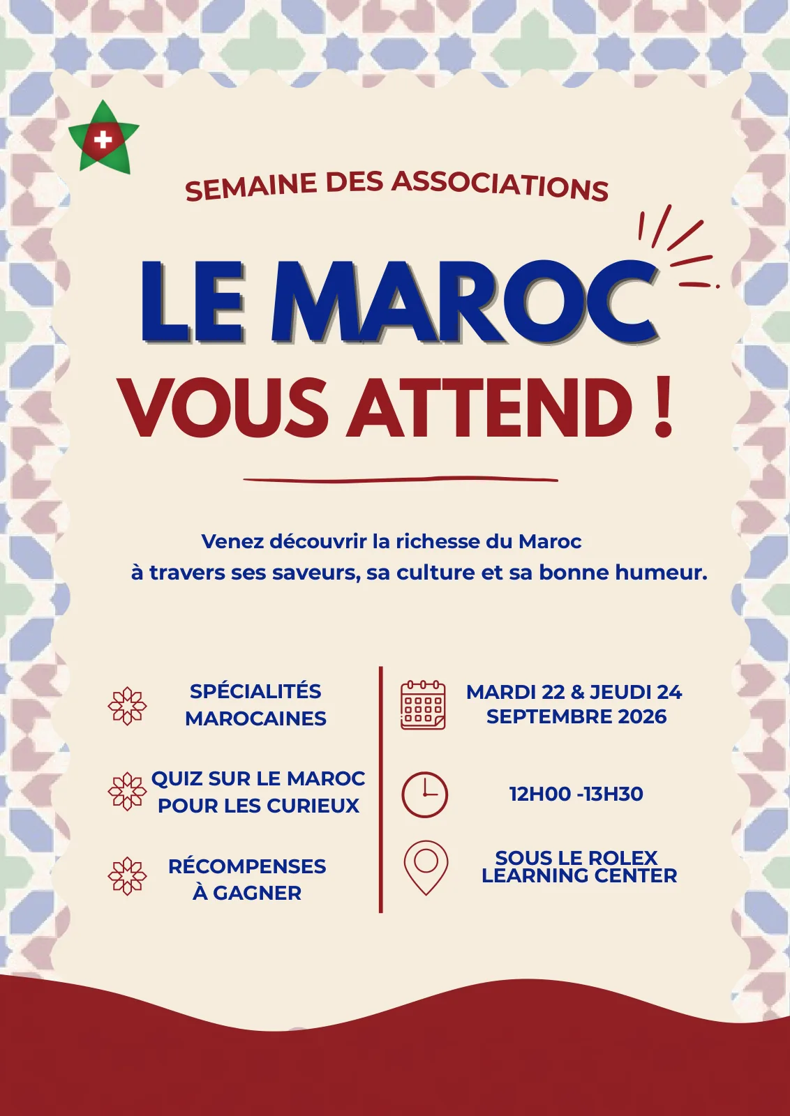 Affiche « Le Maroc vous attend ! » du stand de l’APML à la Semaine des associations, mardi 22 et jeudi 24 septembre 2026 de 12 h à 13 h 30, sous le Rolex Learning Center