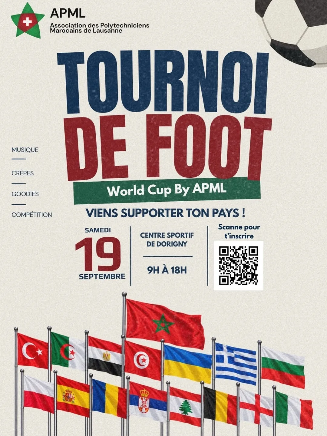 Affiche du tournoi de foot World Cup by APML, samedi 19 septembre de 9 h à 18 h au Centre sportif de Dorigny