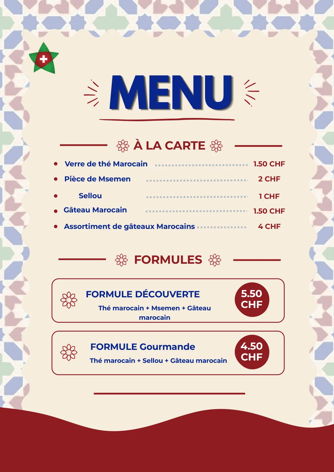 The stand’s menu: Moroccan tea, msemen, sellou and Moroccan pastries, à la carte or as the Discovery and Gourmet deals